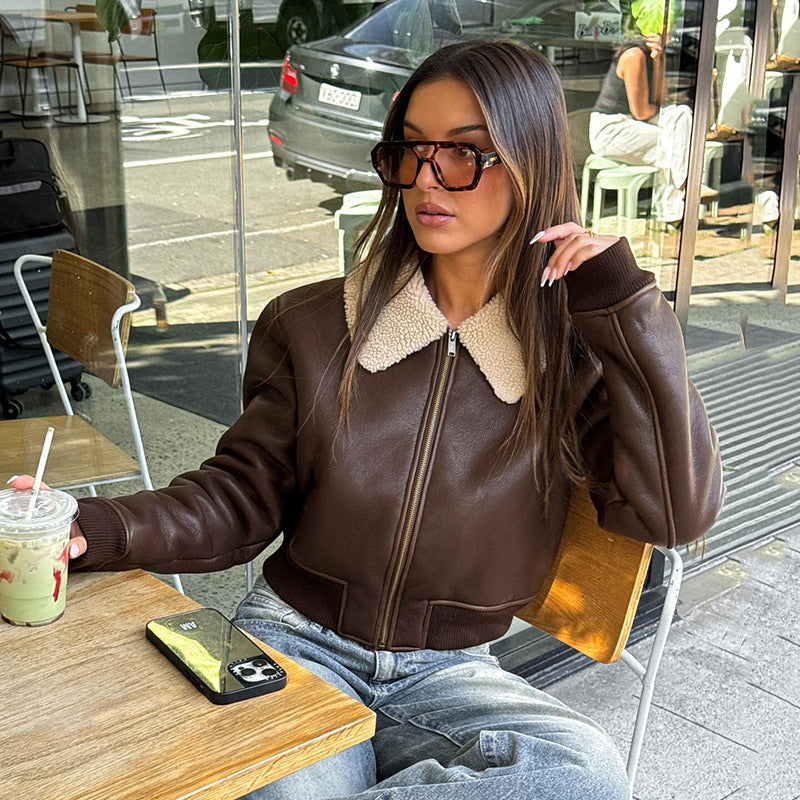 Women’s Faux Leather Jacket Zip-Up Cropped Coat with Collar