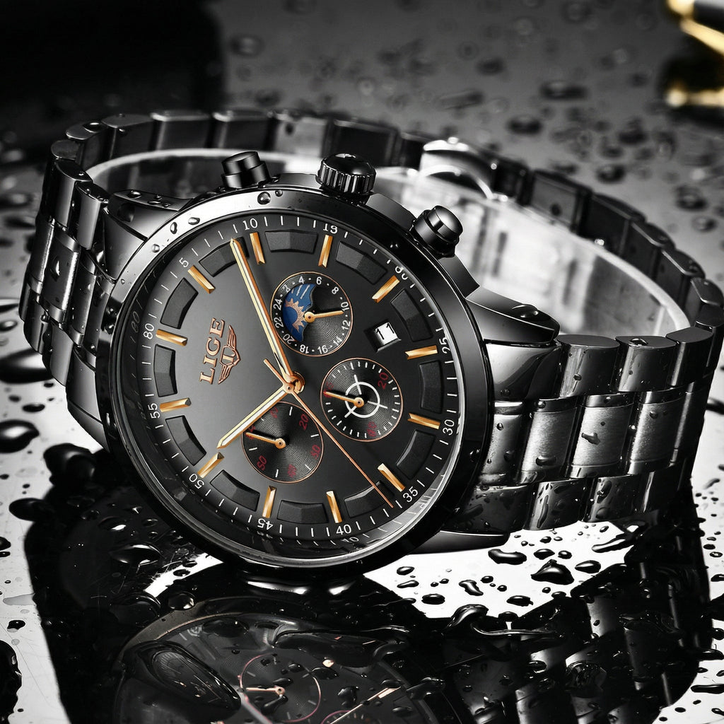 Men's Circular Steel Watch with Mineral Glass and Water Resistance