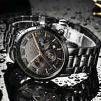 Men's Circular Steel Watch with Mineral Glass and Water Resistance
