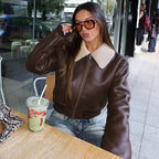 Women’s Faux Leather Jacket Zip-Up Cropped Coat with Collar