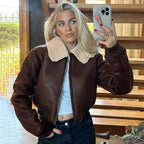 Women’s Faux Leather Jacket Zip-Up Cropped Coat with Collar