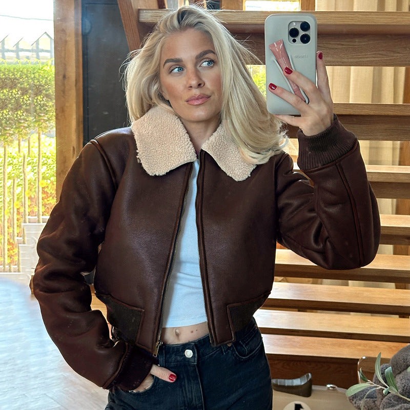 Women’s Faux Leather Jacket Zip-Up Cropped Coat with Collar