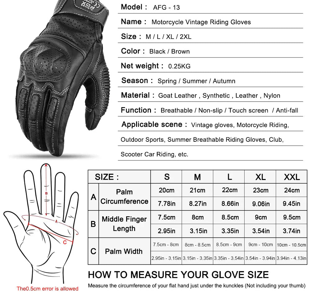 Motorcycle Gloves Retro Style with Touchscreen Fingers and Grip Zones