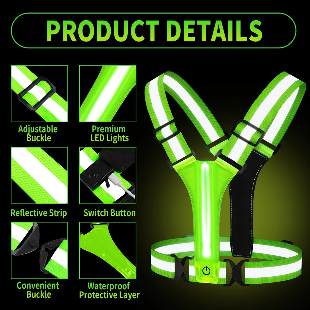 LED Running Vest Rechargeable Reflective Safety Vest 360 Degree Visibility