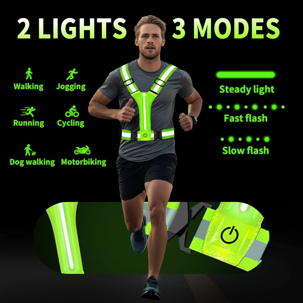LED Running Vest Rechargeable Reflective Safety Vest 360 Degree Visibility