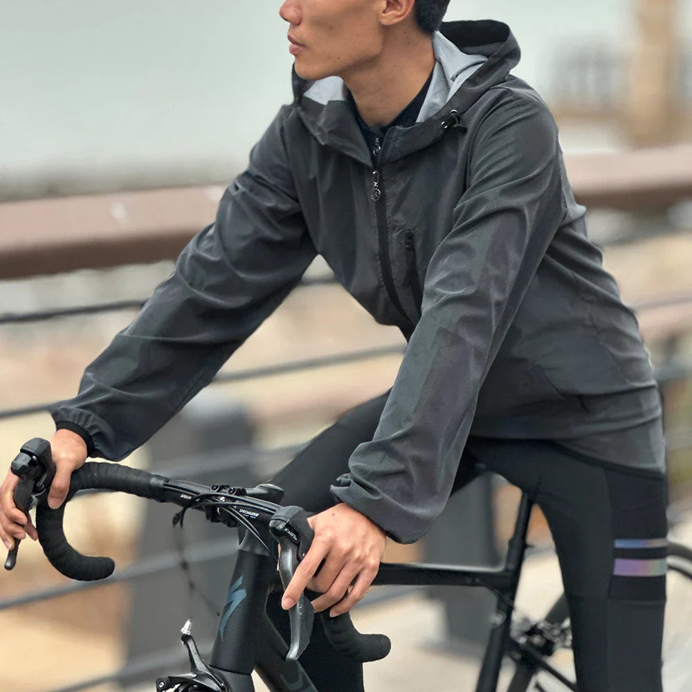 Men's Reflective Windproof Water-Repellent Bike Jacket with Hood and Pockets