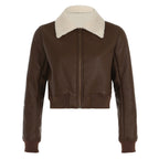 Women’s Faux Leather Jacket Zip-Up Cropped Coat with Collar