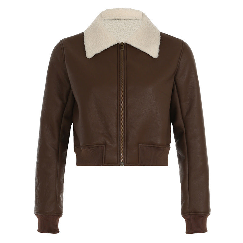 Women’s Faux Leather Jacket Zip-Up Cropped Coat with Collar