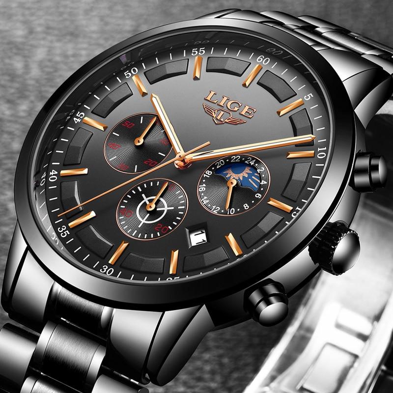 Men's Circular Steel Watch with Mineral Glass and Water Resistance