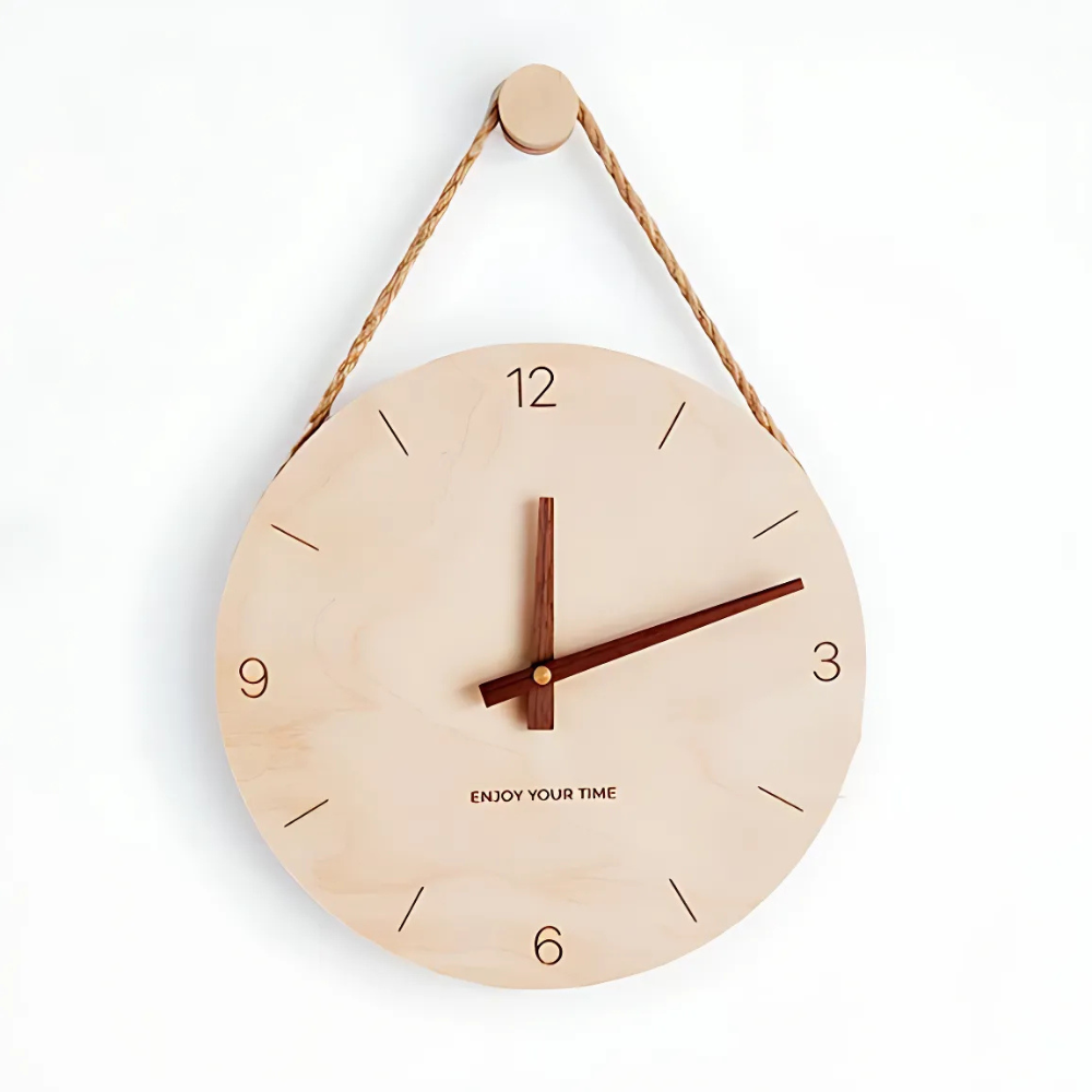 Round Wooden Wall Clock with Rope Hanger